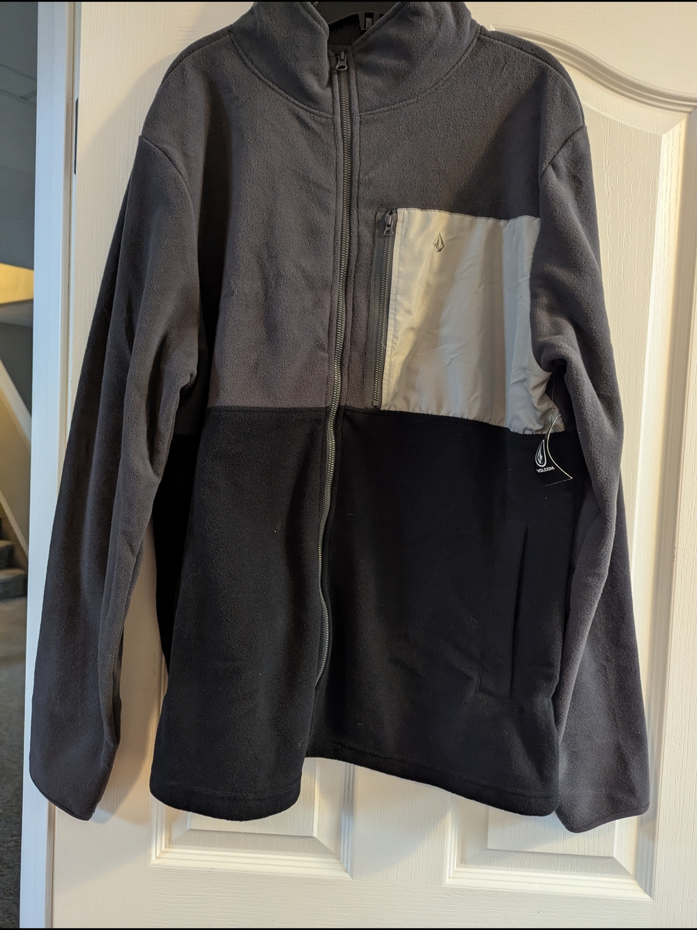 Volcom Two-Tone Fleece Jacket in Gray and Black with Light Gray Chest Pocket